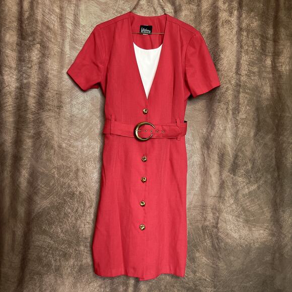 Whirlaway Frocks Vintage 80s Shift Dress Red Belted Midi Short Sleeve Womens 14P - Picture 1 of 7